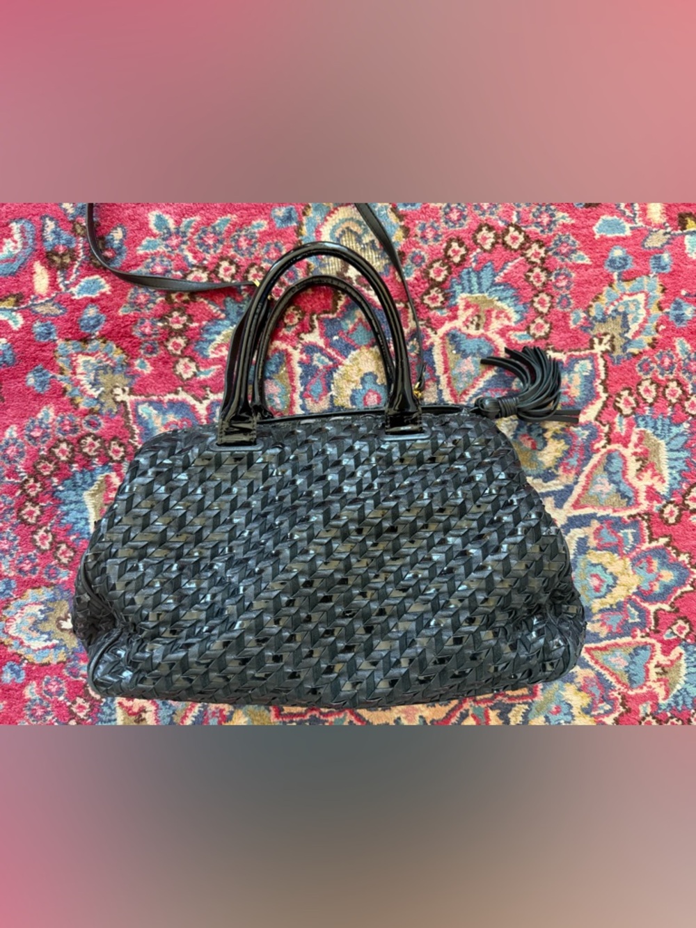 Vintage Black Woven Patent Leather Satchel with Top Handles and tassel